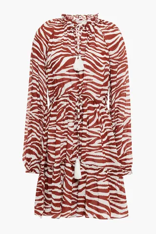 Danica tasseled gathered tiger-print woven mini dress