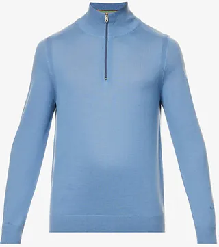 ens Greyish Blue Half-zip Knitted erino Wool Jumper