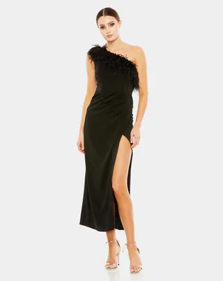 Feather Trim One Shoulder Draped Dress