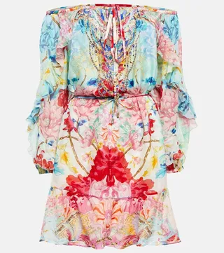 Off-the-shoulder embellished silk minidress
