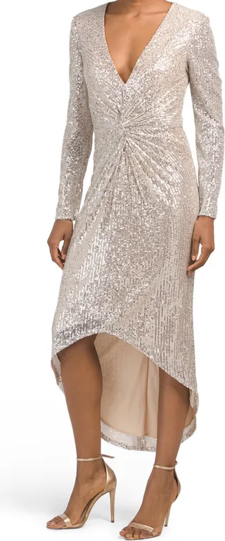 Long Sleeve Sequin Twist Front Cocktail Dress
