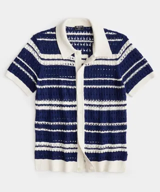 Open-Knit Stripe Full-Placket Polo in Classic Navy
