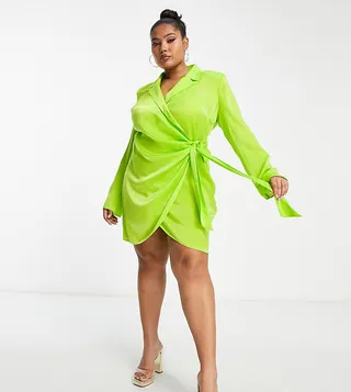 ASOS DESIGN Curve satin wrap blazer mini dress in lime