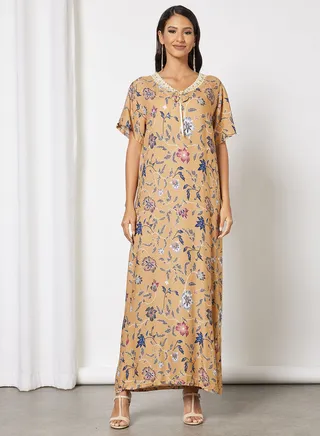 Jalabiya With Abstract Print And Lace On Neckline
