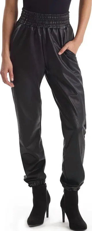 Faux Leather Jogger With Elastic Waist & Hem in Black