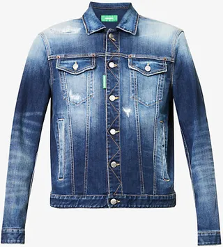 Mens Navy Blue Dan Bleached Stretch-denim Jacket