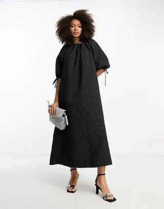 ASOS DESIGN textured midi smock dress with gathered neck in black