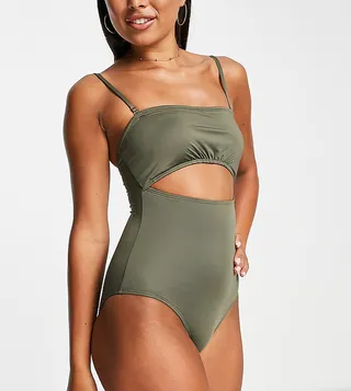 Accessorize Exclusive ruched bandeau cut out swimsuit in khaki