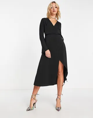 ASOS DESIGN bias cut satin midi wrap dress with tie waist in black