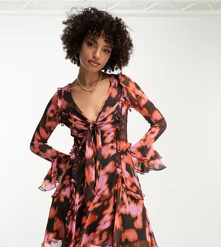 ASOS DESIGN Tall ruffle tie front plunge mini dress with frill sleeves in burnt orange lava print