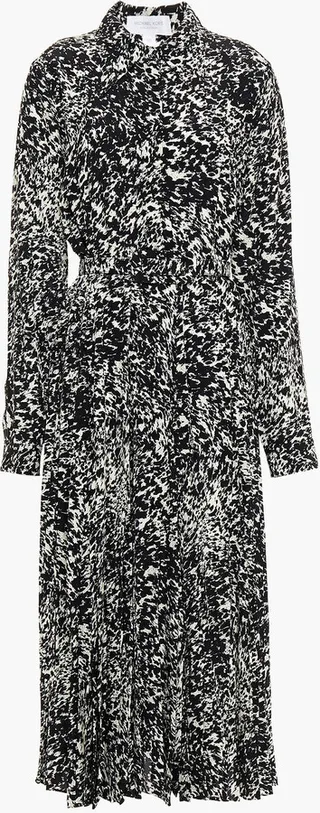 Pleated printed silk crepe de chine midi shirt dress