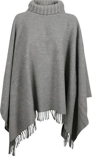 Fringe Trimmed Embellished Turtleneck Cape