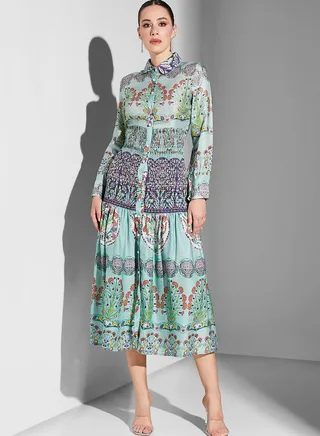Button Detail Printed Dress