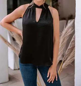Twist Halter Top in Black Satin