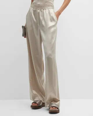 Wide-Leg Satin Pull-On Pants
