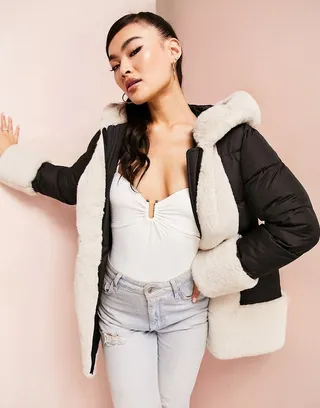 ASOS LUXE faux fur trim puffer in black