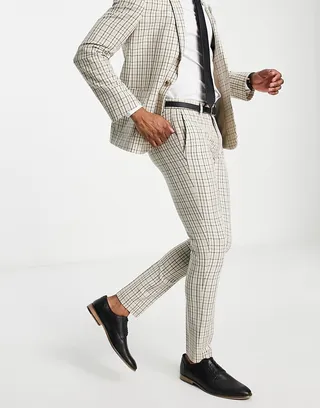 ASOS DESIGN skinny suit pants in stone and beige micro check