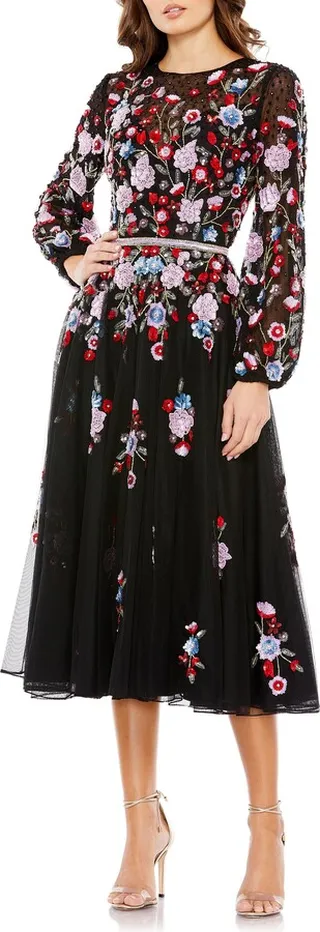 Sequin Floral Long Sleeve A-Line Dress