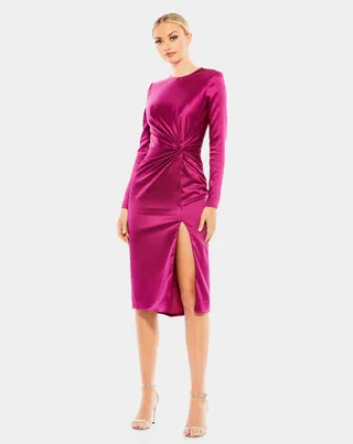 Side Twist Long Sleeve Satin Midi Dress