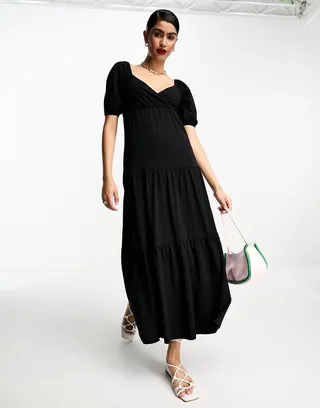 ASOS DESIGN short sleeve wrap tiered midi dress in black