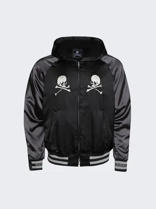 Hooded Silk Bomber Jacket Black and Charcoal