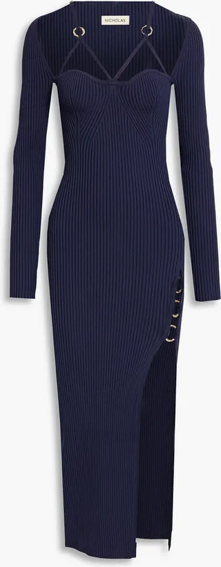 Jona ring-embellished ribbed-knit midi dress