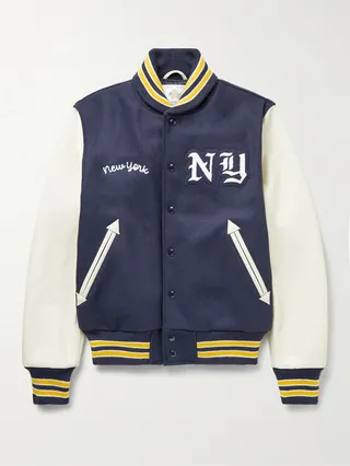 New York Appliquéd Wool-Blend and Leather Varsity Jacket