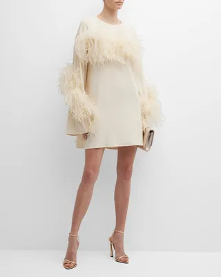 Spiral Feather-Trim Pebble Crepe Mini Shift Dress