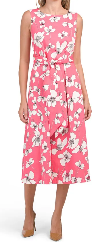 Printed Midi Dress With Attached Sash
