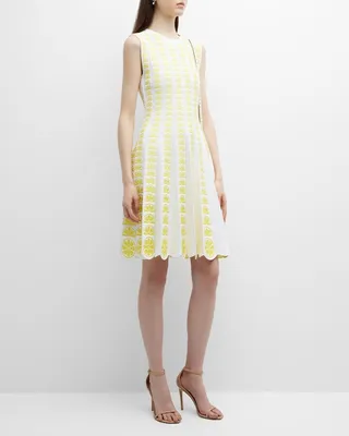 Pleated Short Dress with Lemon Embroidered Details