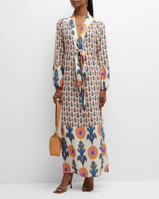 Starlight Ikat-Print Tie-Front Long-Sleeve Maxi Dress