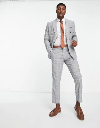 Harry Brown light gray checked slim fit cropped suit pants