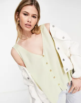 ASOS DESIGN v-neck crinkle tank top with horn buttons in sage green