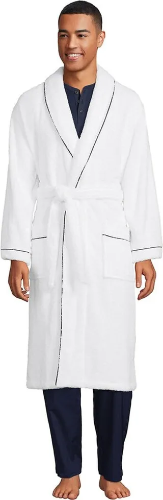 Lands' End Men's Calf Length Piped Turkish Terry Robe - 2X Large - White