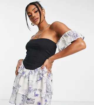 ASYOU corset ruffle off the shoulder dress in outline print