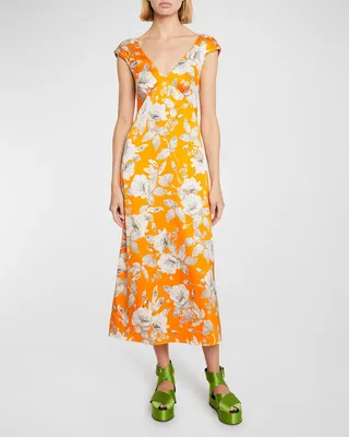 Floral-Print Empire-Waist Satin Midi Slip Dress