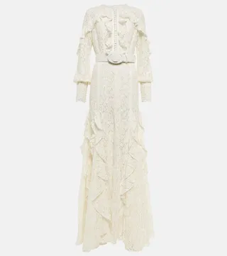 Patrice belted ruffled lace gown