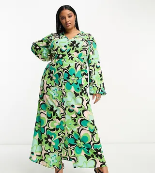 ASOS DESIGN Curve tie front maxi shirt dress in large retro green floral print