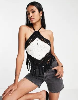 ASOS DESIGN crochet halter festival cami top with tassels