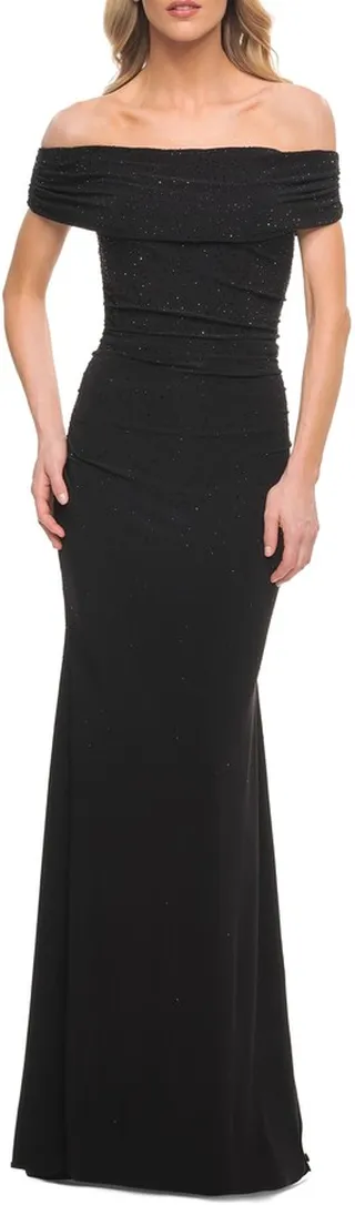 Off the Shoulder Beaded Sheath Gown