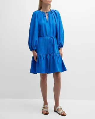 Ruby Blouson-Sleeve Keyhole Linen Midi Dress