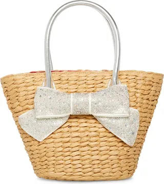 Betsey Johnson Small Straw with Rhinestone Mini Bow Tote