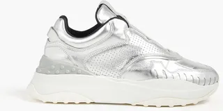 Perforated metallic leather slip-on sneakers