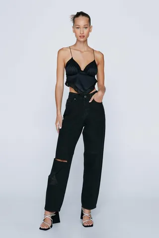 Nasty Gal Womens Petite Organic Distressed Straight Leg Jeans