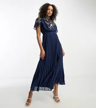 ASOS DESIGN Tall pleated textured cowl front embroidered midi dress in navy
