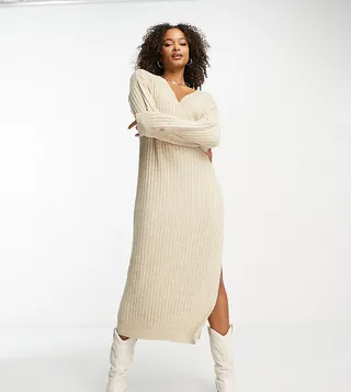 ASOS DESIGN Tall knitted maxi sweater dress with v neck in oatmeal