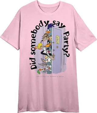 WB 100: Looney Tunes Mashups Looney Friends Crew Neck Short Sleeve Cradle Pink Women's Night Shirt-Large