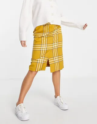 Monki polyester check midi skirt in yellow - part of a set - YELLOW