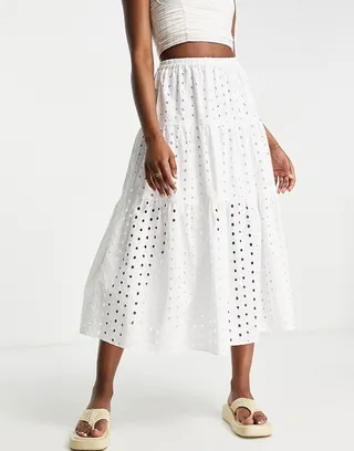 ASOS DESIGN eyelet tiered midi skirt in white