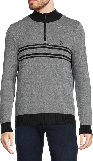 Mock Neck Striped Half Zip Sweater
